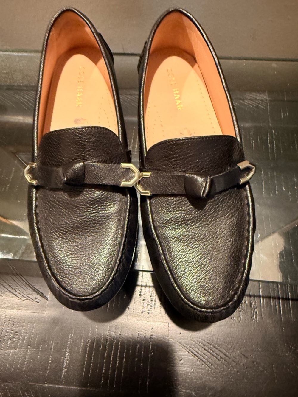 Cole Haan Black Leather Loafers with Gold Hardware